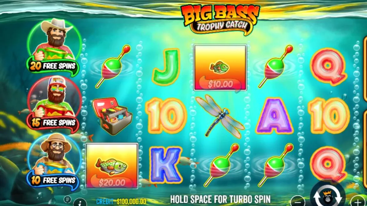 Tampilan visual slot Big Bass Trophy Catch dengan tema memancing dan simbol ikan